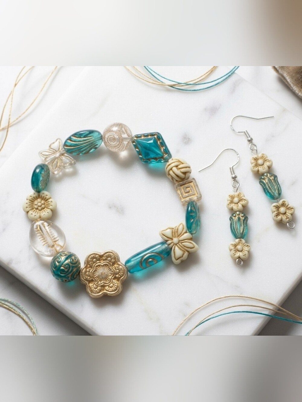 Gold and Teal Floral Bead Bracelet and Earring Set - Women's Jewelry
